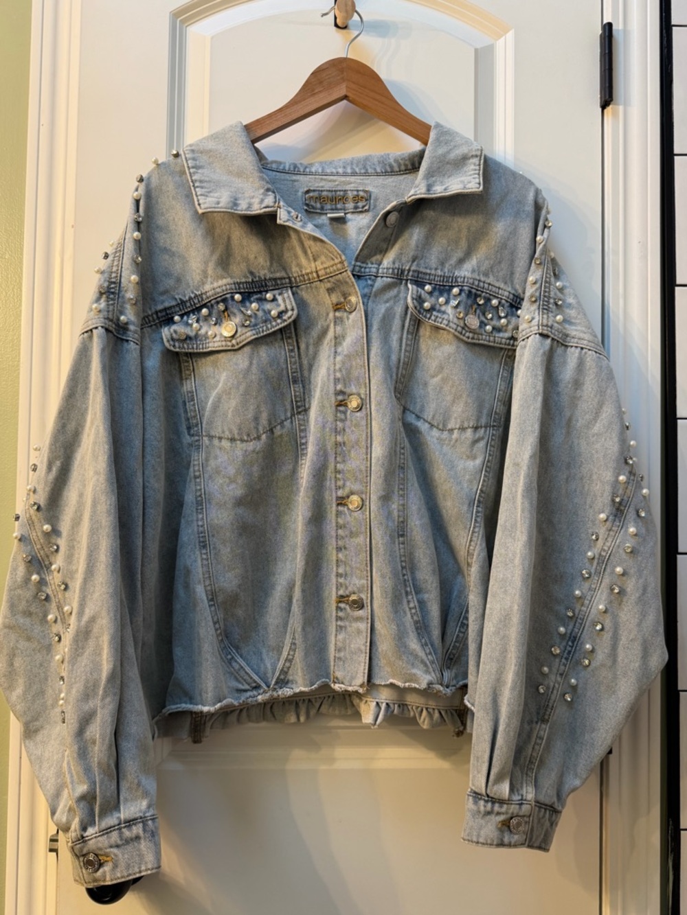 Maurices Light Wash Pearl-Embellished Denim Jacket